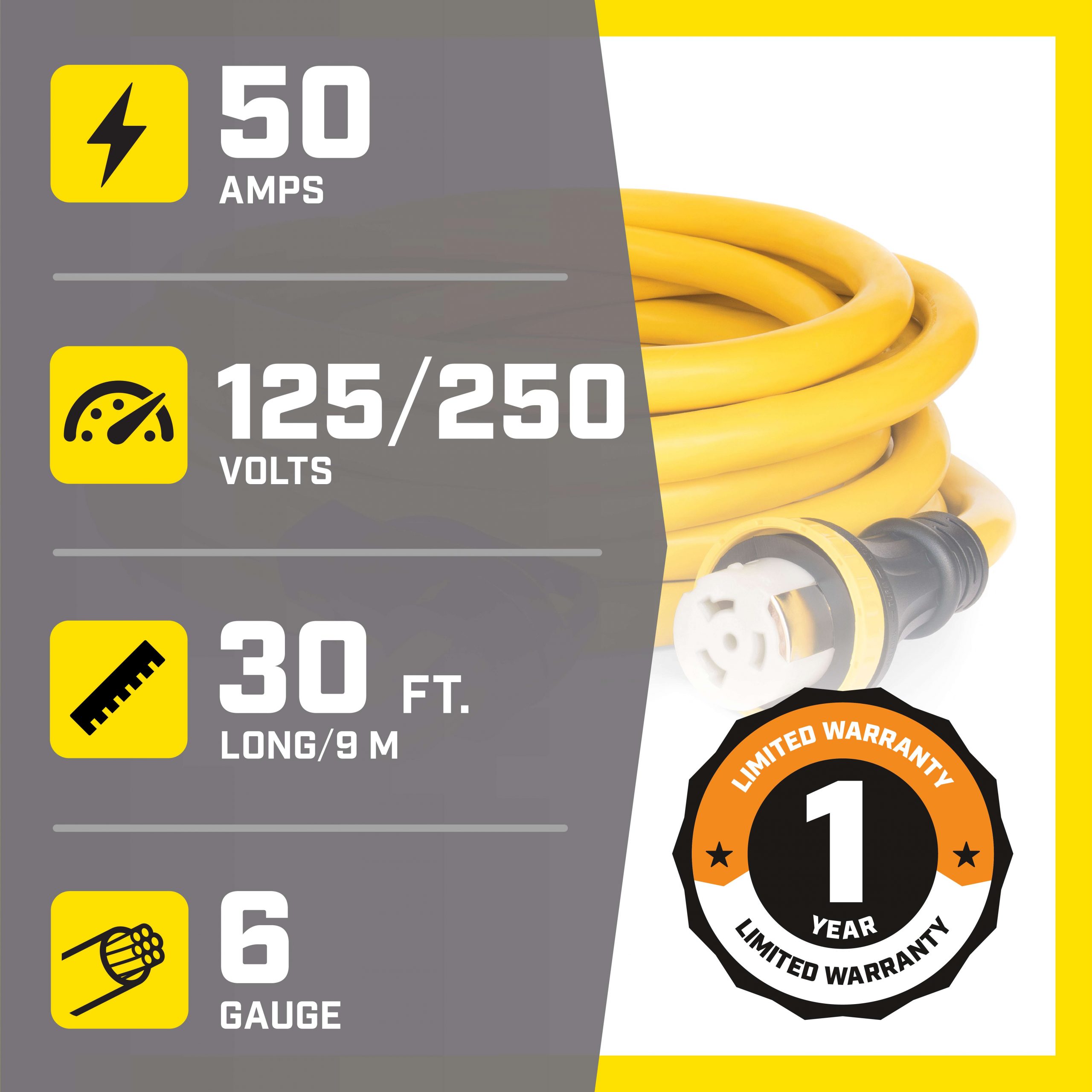 100828- 30' 50AMP RV Generator Cord (NEMA: 14-50P to SS2-50R) - NEW - Image 6